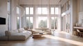Interior design in Scandinavian style, modern living room in country house, villa, hotel. Minimalism, panoramic windows