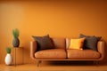 Interior design scene brown leather couch on a orange wall background with vases Generative AI Royalty Free Stock Photo