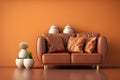 Interior design scene brown leather couch on a orange wall background with vases Generative AI Royalty Free Stock Photo