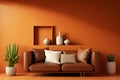 Interior design scene brown leather couch on a orange wall background with vases Generative AI Royalty Free Stock Photo
