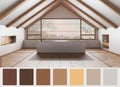 Interior design scene with palette color. Different colors and patterns. Architect and designer concept idea. Minimal white attic