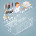 Interior design services. Isometric project and repairs concept.