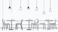 Cafe Interior Sketch, Tables, Chairs, Pendant Lights Design Royalty Free Stock Photo