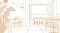 Modern Cafe Interior Design, Outlined Architecture, Empty Restaurant, Line Art Royalty Free Stock Photo