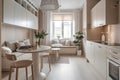 Interior design spacious studio apartment in Scandinavian style, beige color. Generative AI