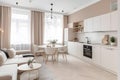 Interior design spacious studio apartment in Scandinavian style, beige color. Generative AI