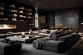 Interior design of spacious modern living room in dark gray style
