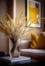 Interior design with a vase and a bouquet of willow branches on the table. Elements of home decor. AI Generated