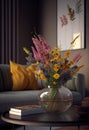 Interior design with a vase and a bouquet of summer wildflowers on the table. Elements of home decor. AI Generated