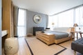 Interior design of villa, house, home, condo and apartment feature bedroom, king size bed, and grey wall