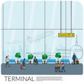 Interior design of waiting departure gate hall at modern airport terminal with many passenger as tourist and businessman