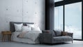 The loft bedroom and sofa interior design and concrete wall background and sea view Royalty Free Stock Photo
