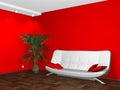 Interior design of white couch on red wall