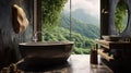 The interior design of wooden and pebbles bathroom style in dark tone color with the tropical mountain view. Generative