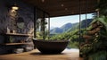 The interior design of wooden and pebbles bathroom style in dark tone color with the tropical mountain view. Generative