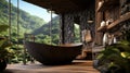 The interior design of wooden and pebbles bathroom style in dark tone color with the tropical mountain view. Generative