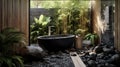 The interior design of wooden and pebbles bathroom style and square bathtub in dark tone color with nature view