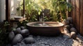 The interior design of wooden and pebbles bathroom style and square bathtub in dark tone color with nature view