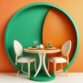 Interior design with wooden round table and chairs. Modern dining room with green and orange wall. Cafe, bar or restaurant Royalty Free Stock Photo