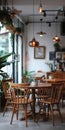 Interior design with wooden round table and chairs. Modern dining room with white wall. Royalty Free Stock Photo