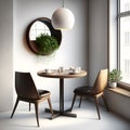 Interior design with wooden round table and chairs. Modern dining room with white wall. Cafe, bar or restaurant interior design. Royalty Free Stock Photo