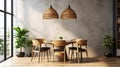 Interior design with wooden round table and chairs. Modern dining room with white wall. Cafe, bar or restaurant interior design Royalty Free Stock Photo