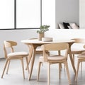 Interior design with wooden round table and chairs. Modern dining room with white wall. Cafe, bar or restaurant interior design Royalty Free Stock Photo
