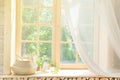 White Curtain and Wood Window Frame High key Background with sunlight Royalty Free Stock Photo