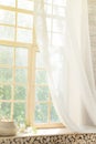 White Curtain and Wood Window Frame High key Background with sunlight Royalty Free Stock Photo