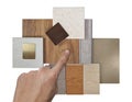 interior designer architect selecting material samples consists wooden vinyl and laminated flooring tiles, stone tile, quartz Royalty Free Stock Photo