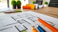 An interior designer's table features a house plan, a color palette, furniture samples, and plans for decorating a Royalty Free Stock Photo