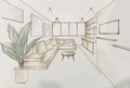 Interior designer works, watercolor and ink freehand sketch drawing of living room