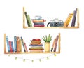 Interior details. Bookshelves with books and different objects watercolor illustration