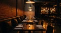 Dimly Lit Restaurant Interior with Set Tables and Warm Ambient Lighting dining Royalty Free Stock Photo