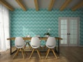 Interior of dining room with blue wallpaper 3D rendering Royalty Free Stock Photo
