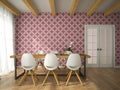 Interior of dining room with vinous wallpaper 3D rendering