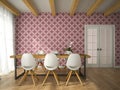 Interior of dining room with vinous wallpaper 3D rendering Royalty Free Stock Photo