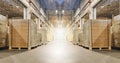 Interior of Distribution Warehouse. Packaging Boxes Stacked on Pallets in Storage Warehouse. Cardboard Boxes Supply Chain.