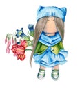 Interior doll girl in clothes. Watercolor illustration