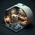 Interior of a doomsday escape human living pod with bathroom and working area