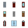 Interior doors icons set, flat style