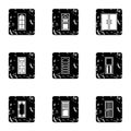 Interior doors icons set, grunge style