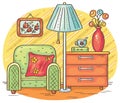 Interior drawing with an arm-chair, lamp and chest of drawers Royalty Free Stock Photo