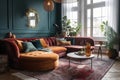 Interior of eclectic living room with cozy colored upholstered chairs, couch and other colorful furniture and items