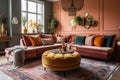 Interior of eclectic living room with cozy colored upholstered chairs, couch and other colorful furniture and items