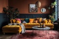 Interior of eclectic living room with cozy colored upholstered chairs, couch and other colorful furniture and items