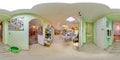 Interior of eco-store with food and fridges. 3D spherical panorama with 360 degree viewing angle. Ready for virtual reality in vr.