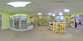 Interior of eco-store with food and fridges. 3D spherical panorama with 360 degree viewing angle. Ready for virtual reality in vr.