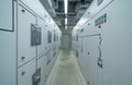 Interior of electrical room. Power energy motor machinery cabinets in control or server room, main operator station network and Royalty Free Stock Photo