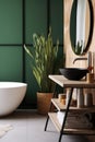 Interior of an elegant bathroom, Sink bowl on wooden cabinet and shelving unit